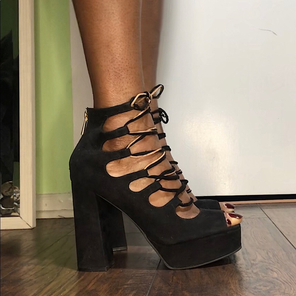 Strappy Suede Lace Up Chunky Platform Peep Toe Heel